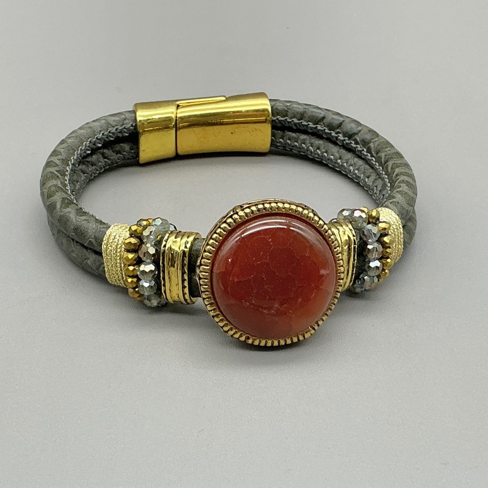 Laura Janelle Bracelet Womens Gray Snakeskin Embossed Leather Red Stone Gold